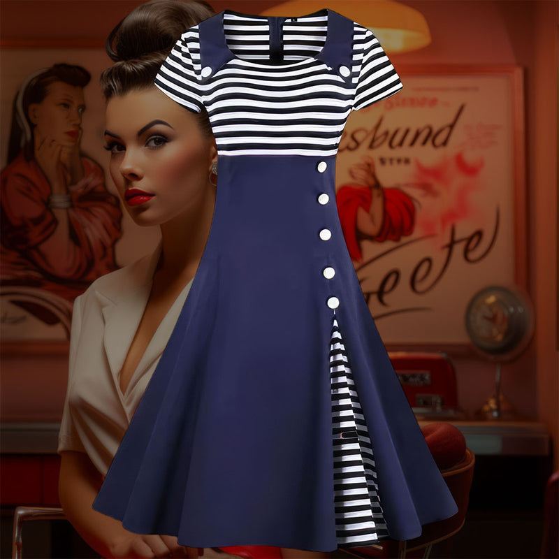 Robe Pin-Up <br> Style Marin <br> Bleue & Blanche Rayée