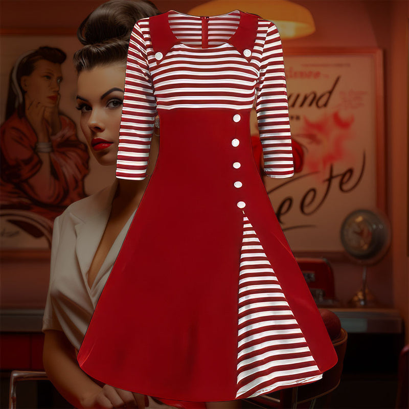 Robe Pin-Up <br> Style Marin <br> Rayée en Blanc et Rouge