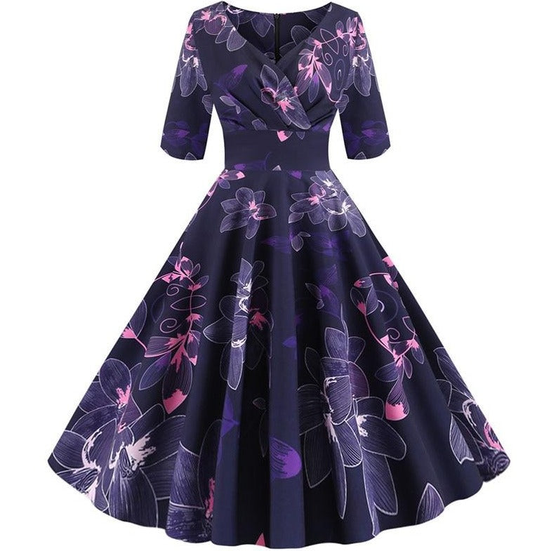 Robe Pin-Up Violette à Fleurs